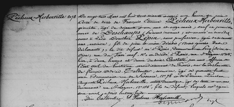 François Etienne Pécheux-Herbenville的死亡证明