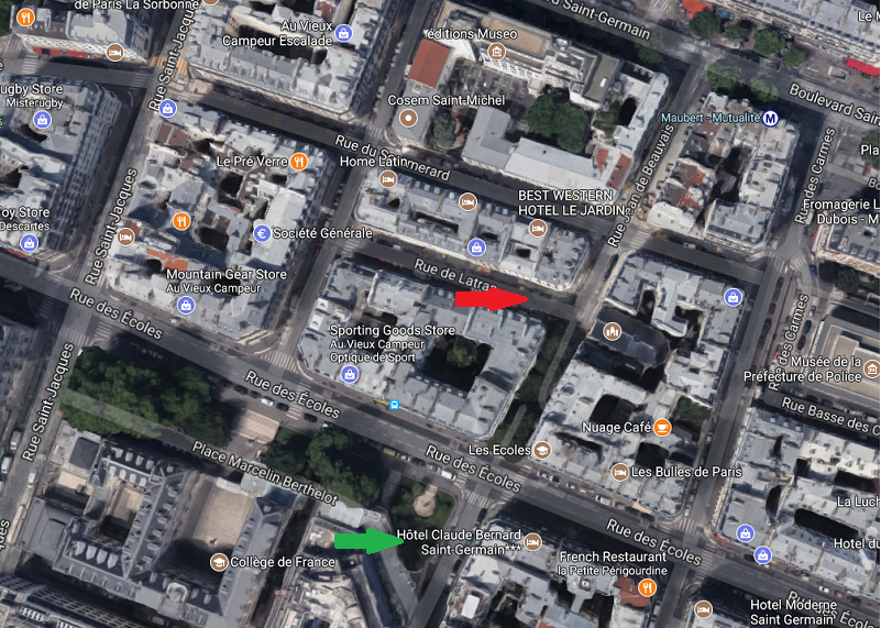 同一街区的卫星图。绿色箭头处为现在的Jean-de-Beauvais路16号位置