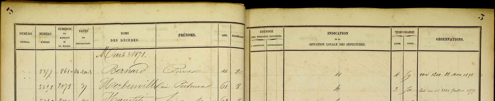 Registre journalier d'inhumation 1871, cimetière de Montmartre
